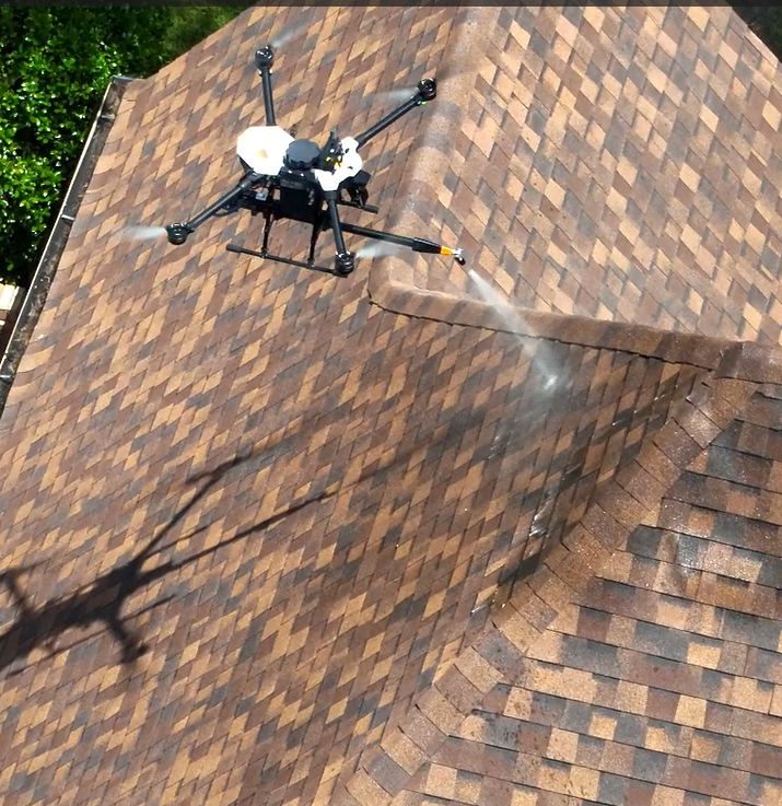 Texas Roof Rescue drone applying GoNano to a shingle roof
